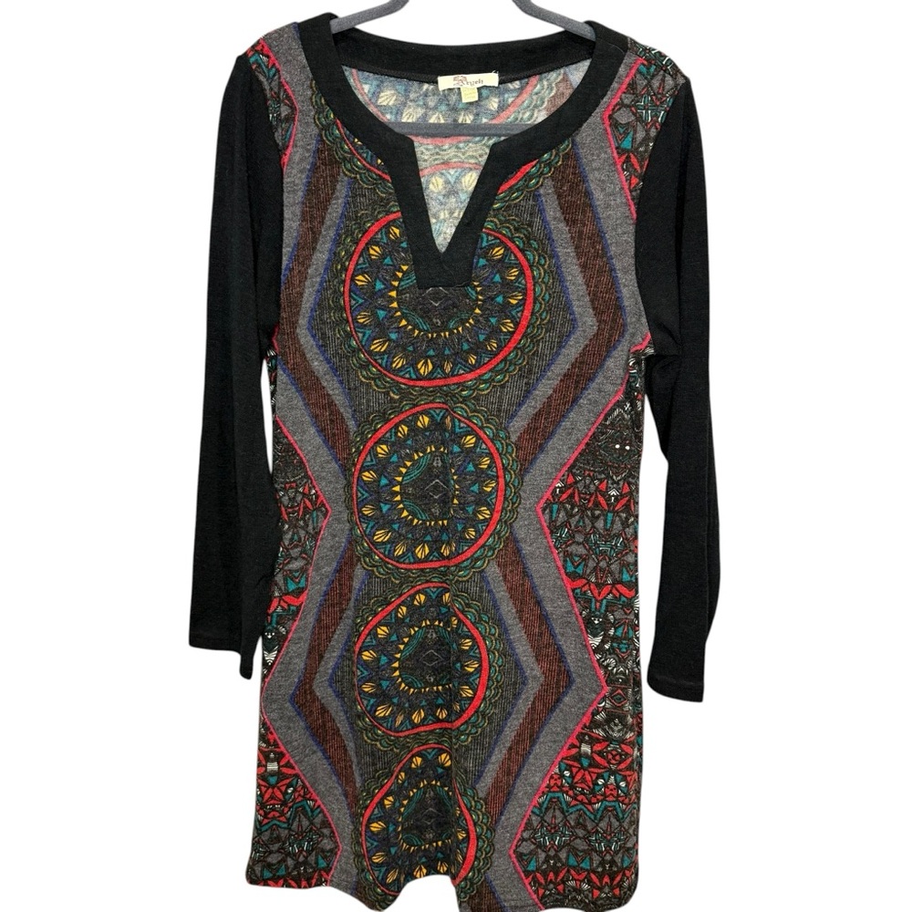 Aryeh long-sleeve V-neck tunic sweater dress with a mandala print